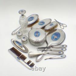Victorian Dresser Set 15 Pieces Sterling Silver Enamel and Glass