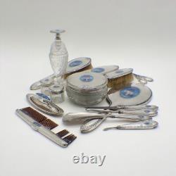 Victorian Dresser Set 15 Pieces Sterling Silver Enamel and Glass