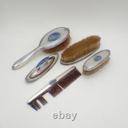 Victorian Dresser Set 15 Pieces Sterling Silver Enamel and Glass