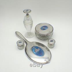 Victorian Dresser Set 15 Pieces Sterling Silver Enamel and Glass