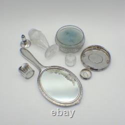 Victorian Dresser Set 15 Pieces Sterling Silver Enamel and Glass