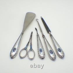 Victorian Dresser Set 15 Pieces Sterling Silver Enamel and Glass