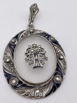 Victorian Sterling Silver Marcasite & Frosted Glass Pendant