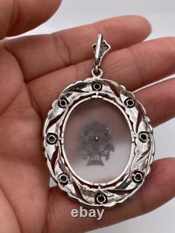 Victorian Sterling Silver Marcasite & Frosted Glass Pendant