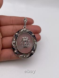 Victorian Sterling Silver Marcasite & Frosted Glass Pendant