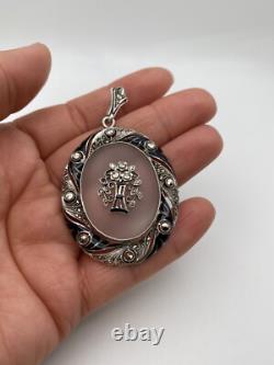 Victorian Sterling Silver Marcasite & Frosted Glass Pendant