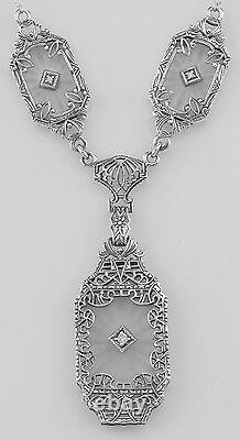 Victorian Style Camphor Glass /Crystal/ Diamond Filigree Necklace. 925 Sterling