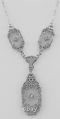 Victorian Style Camphor Glass /Crystal/ Diamond Filigree Necklace. 925 Sterling