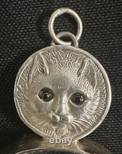 Vincent Simone Sterling Silver Pendant Magnifying Glass Cat Head Inset Eyes