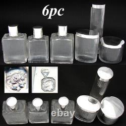 Vint. French Sterling Silver & Cut Glass 6pc Vanity Set, Jars & Perfume Bottles