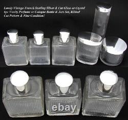 Vint. French Sterling Silver & Cut Glass 6pc Vanity Set, Jars & Perfume Bottles