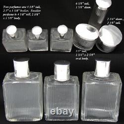 Vint. French Sterling Silver & Cut Glass 6pc Vanity Set, Jars & Perfume Bottles