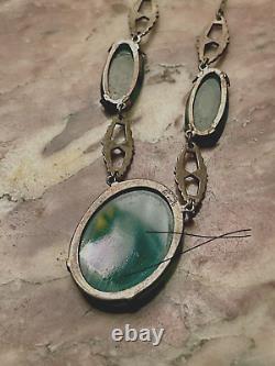 Vintage 1930 Art Deco Chrysoprase Glass and Sterling Silver Necklace 15/1 Drop