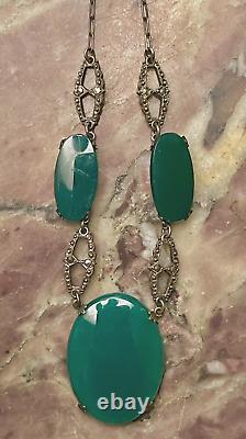 Vintage 1930 Art Deco Chrysoprase Glass and Sterling Silver Necklace 15/1 Drop