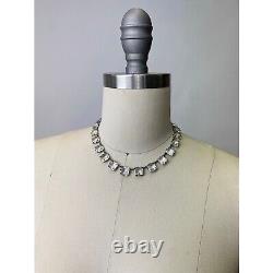 Vintage 1930 Square Cut Clear Glass Sterling Silver Necklace Spring Ring Closure