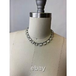Vintage 1930 Square Cut Clear Glass Sterling Silver Necklace Spring Ring Closure