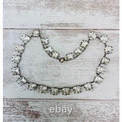 Vintage 1930 Square Cut Clear Glass Sterling Silver Necklace Spring Ring Closure