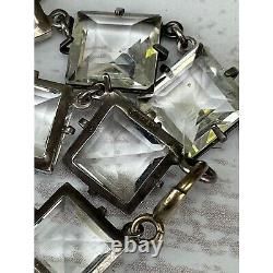 Vintage 1930 Square Cut Clear Glass Sterling Silver Necklace Spring Ring Closure