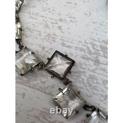 Vintage 1930 Square Cut Clear Glass Sterling Silver Necklace Spring Ring Closure
