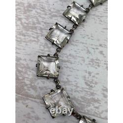 Vintage 1930 Square Cut Clear Glass Sterling Silver Necklace Spring Ring Closure