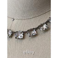 Vintage 1930 Square Cut Clear Glass Sterling Silver Necklace Spring Ring Closure