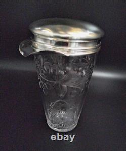 Vintage 1930's Crystal & Etched Glass Sterling Silver Cocktail Shaker Nice