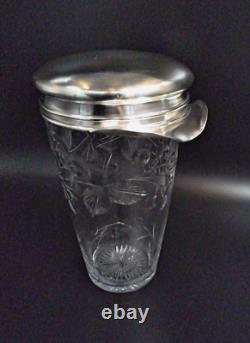 Vintage 1930's Crystal & Etched Glass Sterling Silver Cocktail Shaker Nice