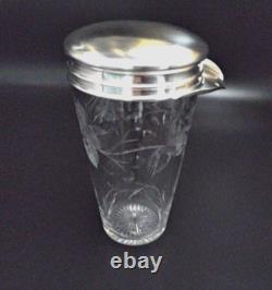 Vintage 1930's Crystal & Etched Glass Sterling Silver Cocktail Shaker Nice