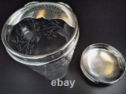 Vintage 1930's Crystal & Etched Glass Sterling Silver Cocktail Shaker Nice