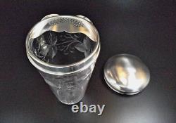 Vintage 1930's Crystal & Etched Glass Sterling Silver Cocktail Shaker Nice