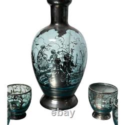 Vintage 1930s Art Deco Sterling Silver Overlay Glass Cordial Decanter Set Venice