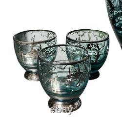 Vintage 1930s Art Deco Sterling Silver Overlay Glass Cordial Decanter Set Venice