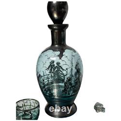 Vintage 1930s Art Deco Sterling Silver Overlay Glass Cordial Decanter Set Venice