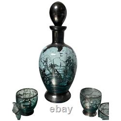 Vintage 1930s Art Deco Sterling Silver Overlay Glass Cordial Decanter Set Venice
