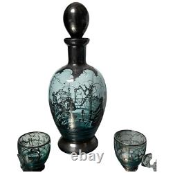 Vintage 1930s Art Deco Sterling Silver Overlay Glass Cordial Decanter Set Venice