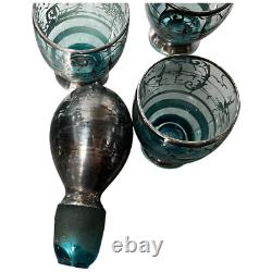 Vintage 1930s Art Deco Sterling Silver Overlay Glass Cordial Decanter Set Venice