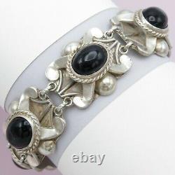 Vintage 1940s Early Mexican Sterling Silver Onyx Glass 49gr Bracelet