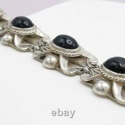 Vintage 1940s Early Mexican Sterling Silver Onyx Glass 49gr Bracelet