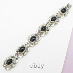 Vintage 1940s Early Mexican Sterling Silver Onyx Glass 49gr Bracelet