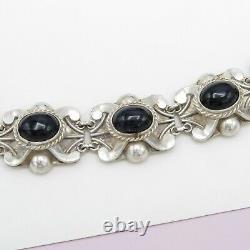 Vintage 1940s Early Mexican Sterling Silver Onyx Glass 49gr Bracelet