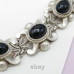 Vintage 1940s Early Mexican Sterling Silver Onyx Glass 49gr Bracelet