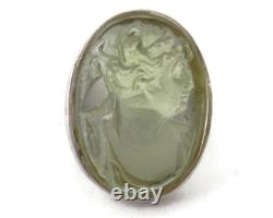 Vintage 70s Cocktail Ring withGreen Glass Cameo Sterling Silver Setting sz 8 1/2