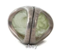 Vintage 70s Cocktail Ring withGreen Glass Cameo Sterling Silver Setting sz 8 1/2