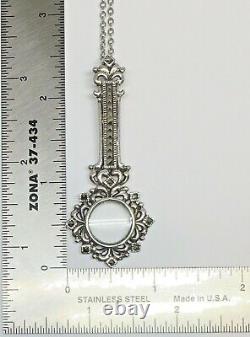 Vintage 925 Silver Marcasite Magnifying Glass Pendant Charm Chain Necklace 25