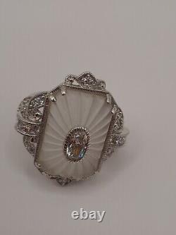 Vintage 925 Sterling Silver Art Deco Ring Camphor Glass With CZ Size 7