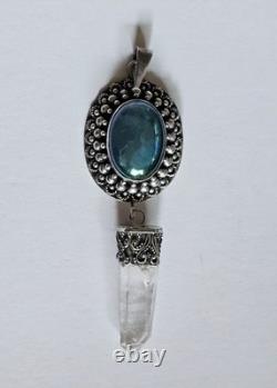 Vintage 925 Sterling Silver Blue Glass Cabochon Pendant with Clear Quartz Point