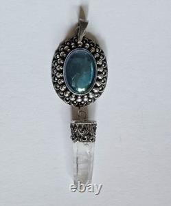 Vintage 925 Sterling Silver Blue Glass Cabochon Pendant with Clear Quartz Point