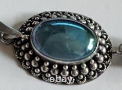 Vintage 925 Sterling Silver Blue Glass Cabochon Pendant with Clear Quartz Point