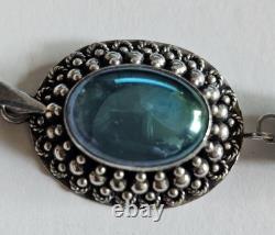 Vintage 925 Sterling Silver Blue Glass Cabochon Pendant with Clear Quartz Point