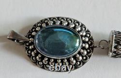 Vintage 925 Sterling Silver Blue Glass Cabochon Pendant with Clear Quartz Point